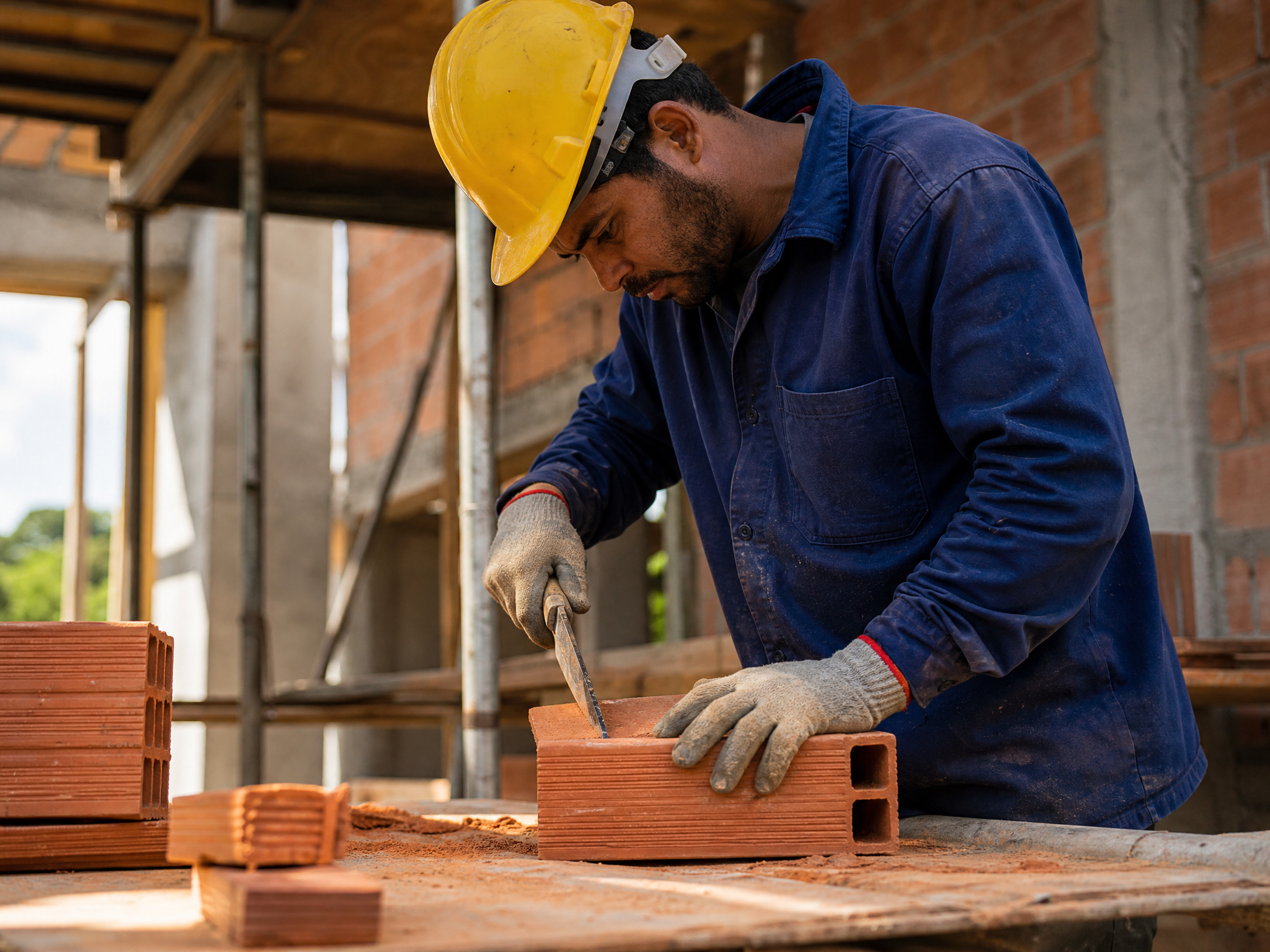Profissional trabalhando numa obra com um bloco cerâmico